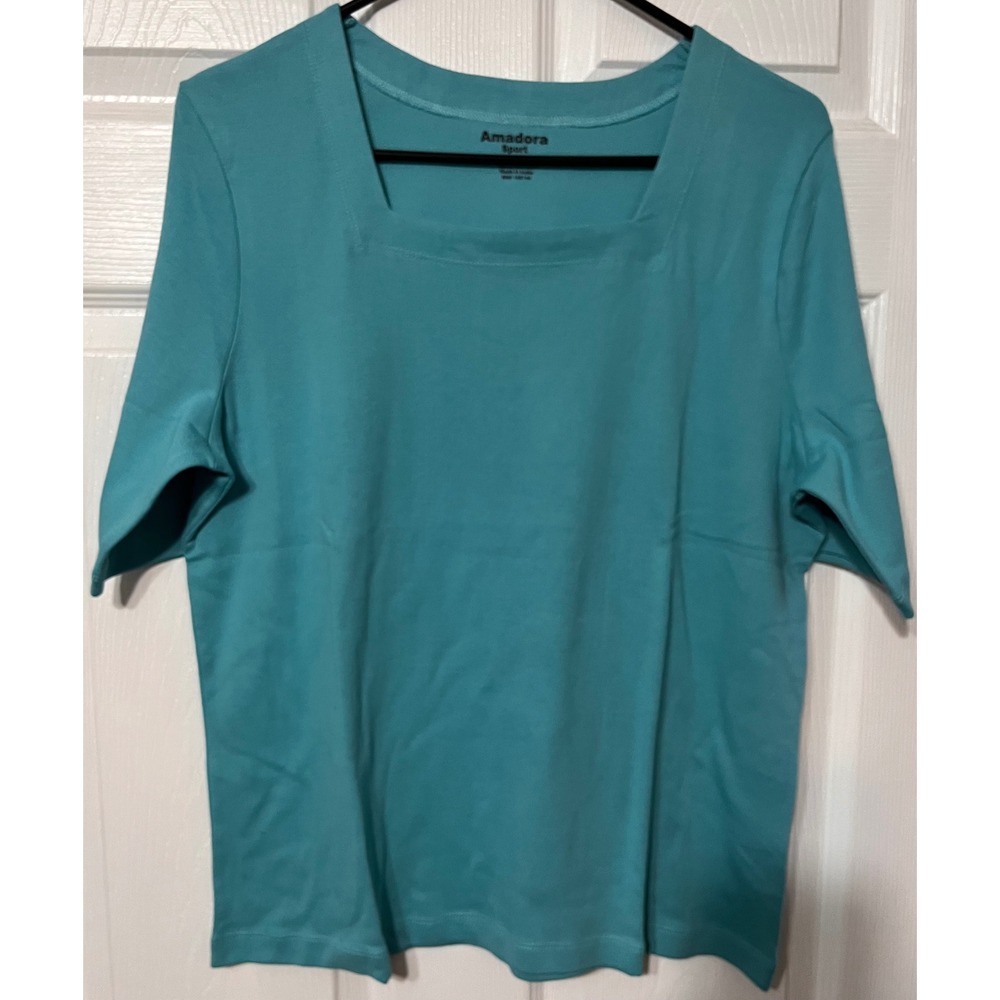 Amadora Sport Womens Teal Square Neck Short‎ Sleeve 100% Cotton Top Size L NWOT